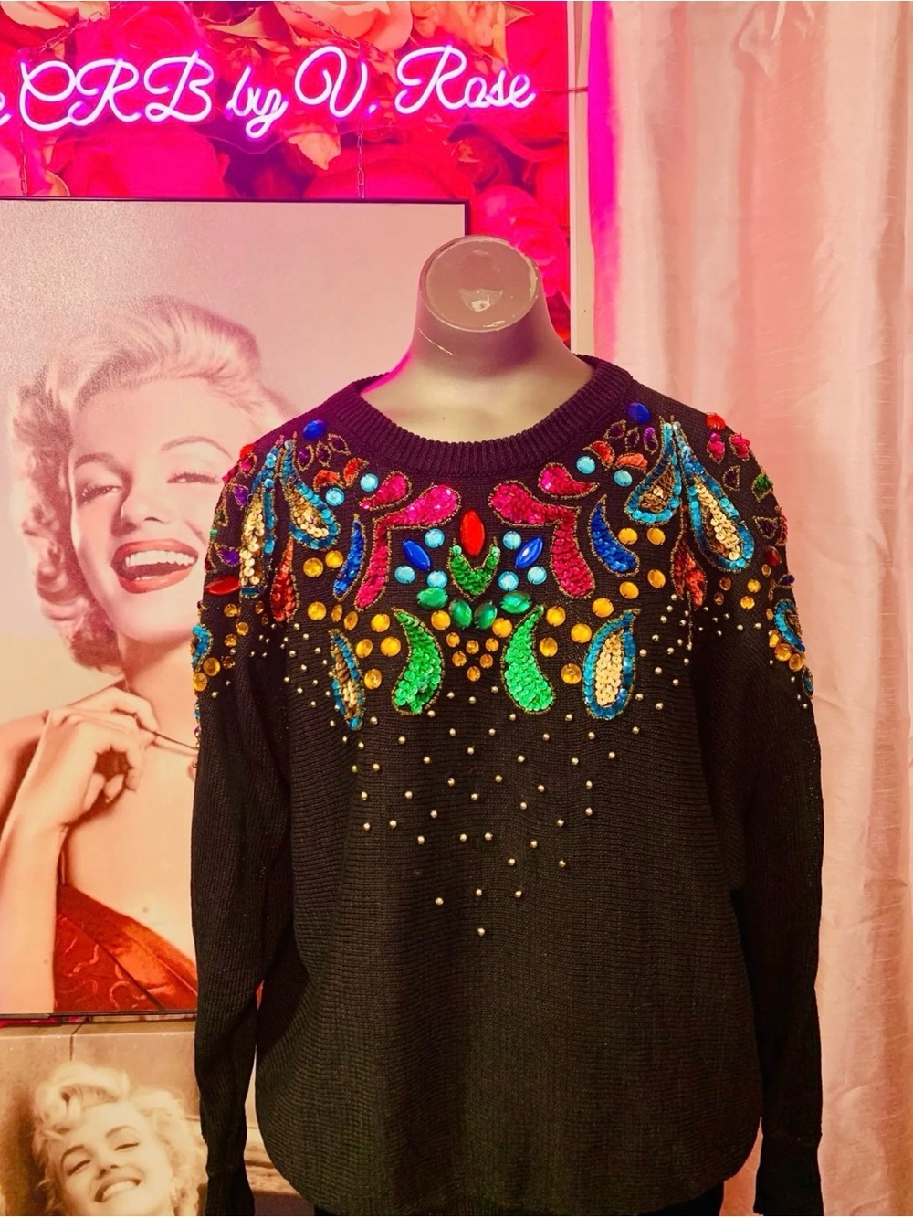 80s Christina Embellished Black Knit Sweater with Multicolor Gem Accents Dolman
